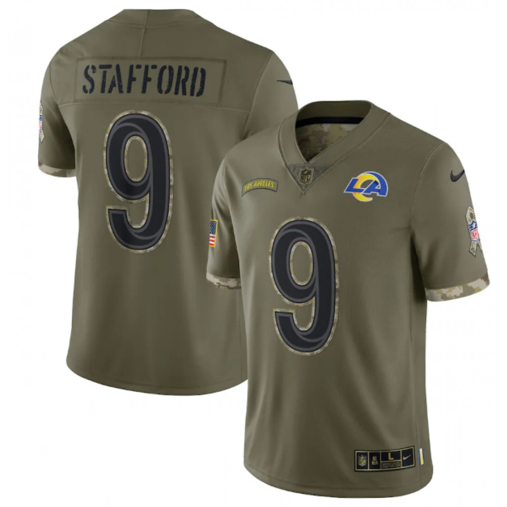 Men's Los Angeles Rams #9 Matthew Stafford Olive 2022 Salute To Service Limited Stitched Jersey Men's Los Angeles Rams #9 Matthew Stafford Olive 2022 Salute To Service Limited Stitched Jersey