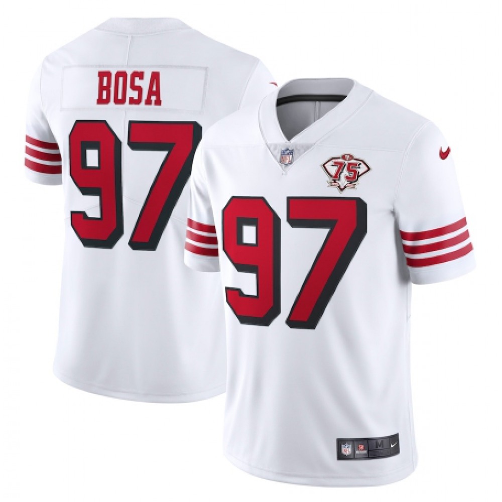 Men's San Francisco 49ers #97 Nick Bosa 2021 White 2nd 75th Anniversary 2nd Alternate Vapor Untouchable Limited Stitched NFL Jersey Men's San Francisco 49ers #97 Nick Bosa 2021 White 2nd 75th Anniversary 2nd Alternate Vapor Untouchable Limited Stitched NFL Jersey