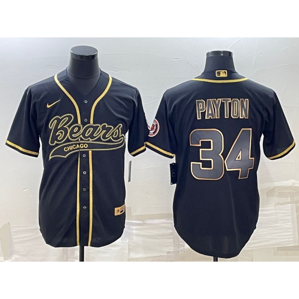 Men's Chicago Bears #34 Walter Payton Black Gold With Patch Cool Base Stitched Baseball Jersey Men's Chicago Bears #34 Walter Payton Black Gold With Patch Cool Base Stitched Baseball Jersey