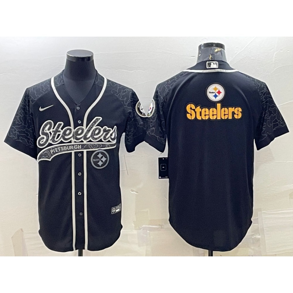 Men's Pittsburgh Steelers Black Reflective Team Big Logo With Patch Cool Base Stitched Baseball Jersey Men's Pittsburgh Steelers Black Reflective Team Big Logo With Patch Cool Base Stitched Baseball Jersey