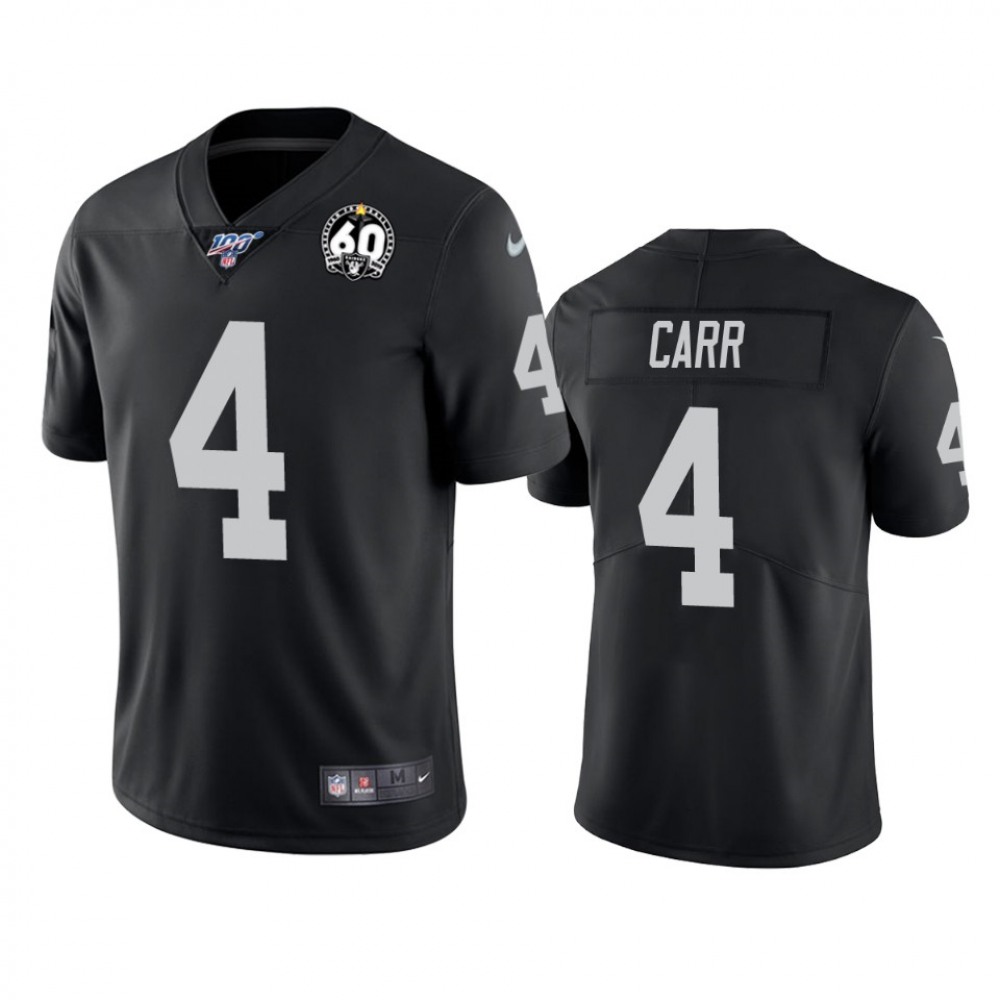 Men's Oakland Raiders #4 Derek Carr Black 100th Season With 60 Patch Vapor Limited Stitched NFL Jersey Men's Oakland Raiders #4 Derek Carr Black 100th Season With 60 Patch Vapor Limited Stitched NFL Jersey