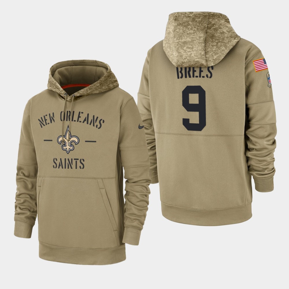 Men's New Orleans Saints #9 Drew Brees Tan 2019 Salute to Service Sideline Therma Pullover Hoodie Men's New Orleans Saints #9 Drew Brees Tan 2019 Salute to Service Sideline Therma Pullover Hoodie