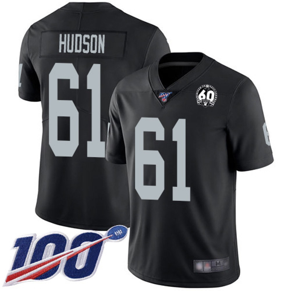 Men's Oakland Raiders #61 Rodney Hudson Black 100th Season with 60 Patch Vapor Limited Stitched NFL Jersey Men's Oakland Raiders #61 Rodney Hudson Black 100th Season with 60 Patch Vapor Limited Stitched NFL Jersey