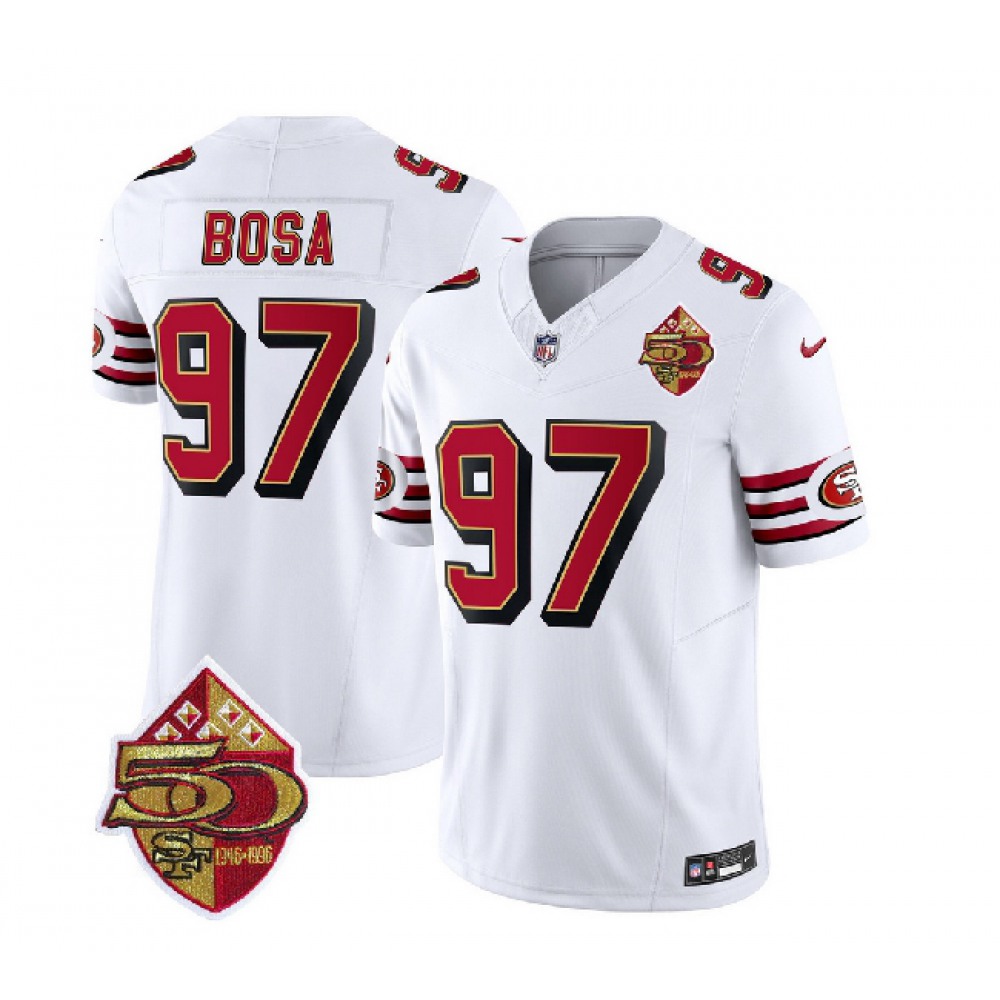 Men's San Francisco 49ers #97 Nick Bosa White 2023 F.U.S.E. 50th Patch Throwback Stitched Football Jersey Men's San Francisco 49ers #97 Nick Bosa White 2023 F.U.S.E. 50th Patch Throwback Stitched Football Jersey