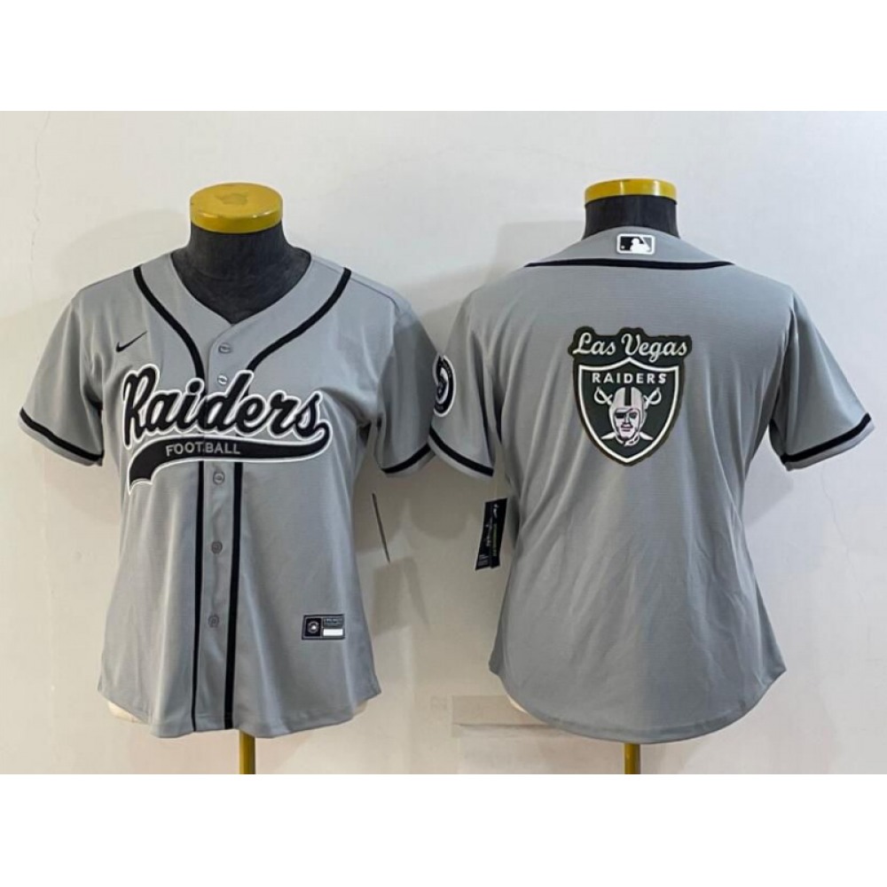 Women's Las Vegas Raiders Grey Team Big Logo With Patch Cool Base Stitched Baseball Jersey(Run Small) Women's Las Vegas Raiders Grey Team Big Logo With Patch Cool Base Stitched Baseball Jersey(Run Small)