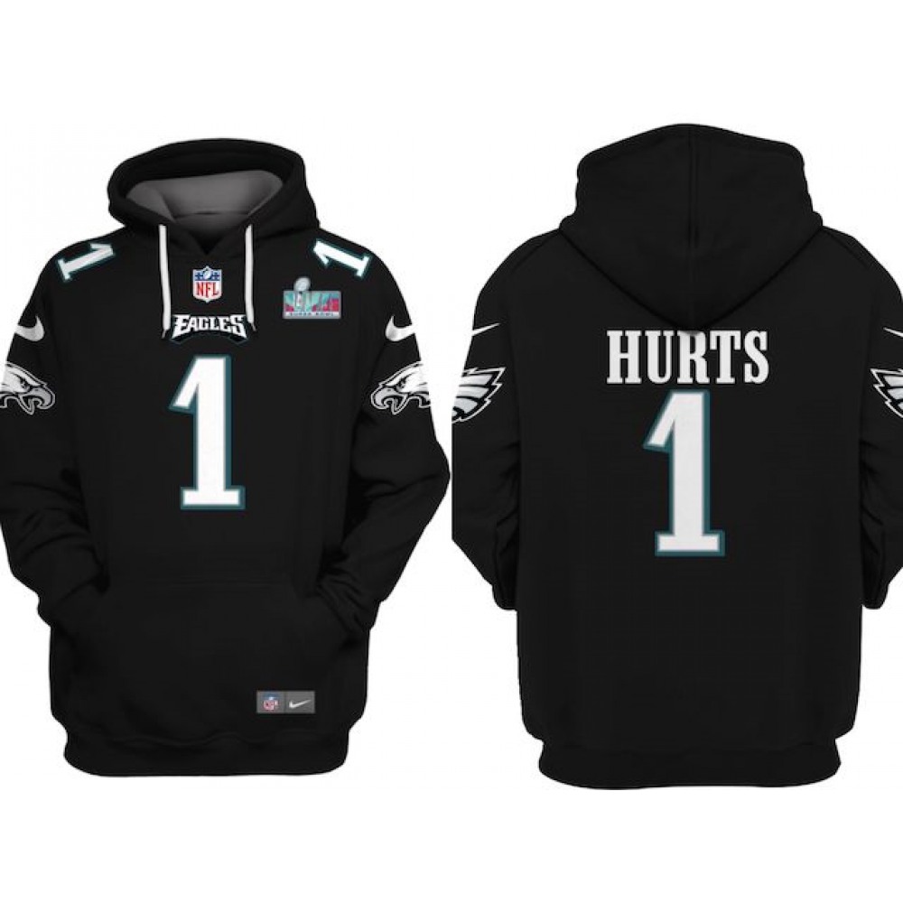 Men's Philadelphia Eagles #1 Jalen Hurts Black Super Bowl LVII Patch Pullover Hoodie Men's Philadelphia Eagles #1 Jalen Hurts Black Super Bowl LVII Patch Pullover Hoodie