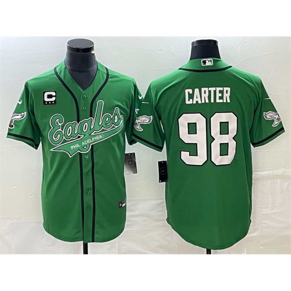 Men's Philadelphia Eagles #98 Jalen Carter Green With 3-star C Patch Cool Base Stitched Baseball Jersey Men's Philadelphia Eagles #98 Jalen Carter Green With 3-star C Patch Cool Base Stitched Baseball Jersey