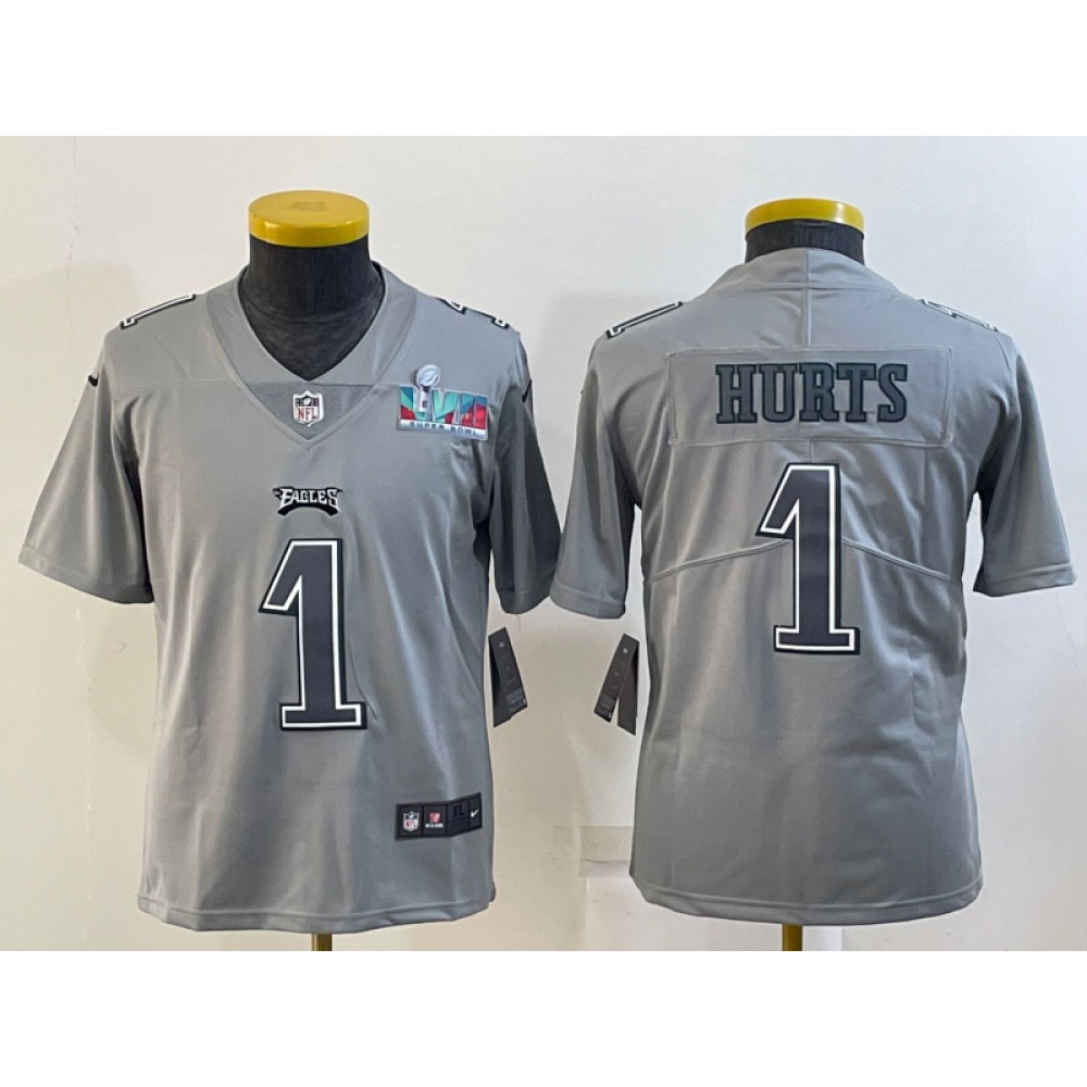 Youth Philadelphia Eagles #1 Jalen Hurts Gray Super Bowl LVII Patch Atmosphere Fashion Stitched Football Jersey Youth Philadelphia Eagles #1 Jalen Hurts Gray Super Bowl LVII Patch Atmosphere Fashion Stitched Football Jersey