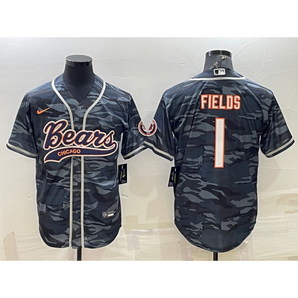 Men's Chicago Bears #1 Justin Fields Grey Camo With Patch Cool Base Stitched Baseball Jersey 001 Men's Chicago Bears #1 Justin Fields Grey Camo With Patch Cool Base Stitched Baseball Jersey 001