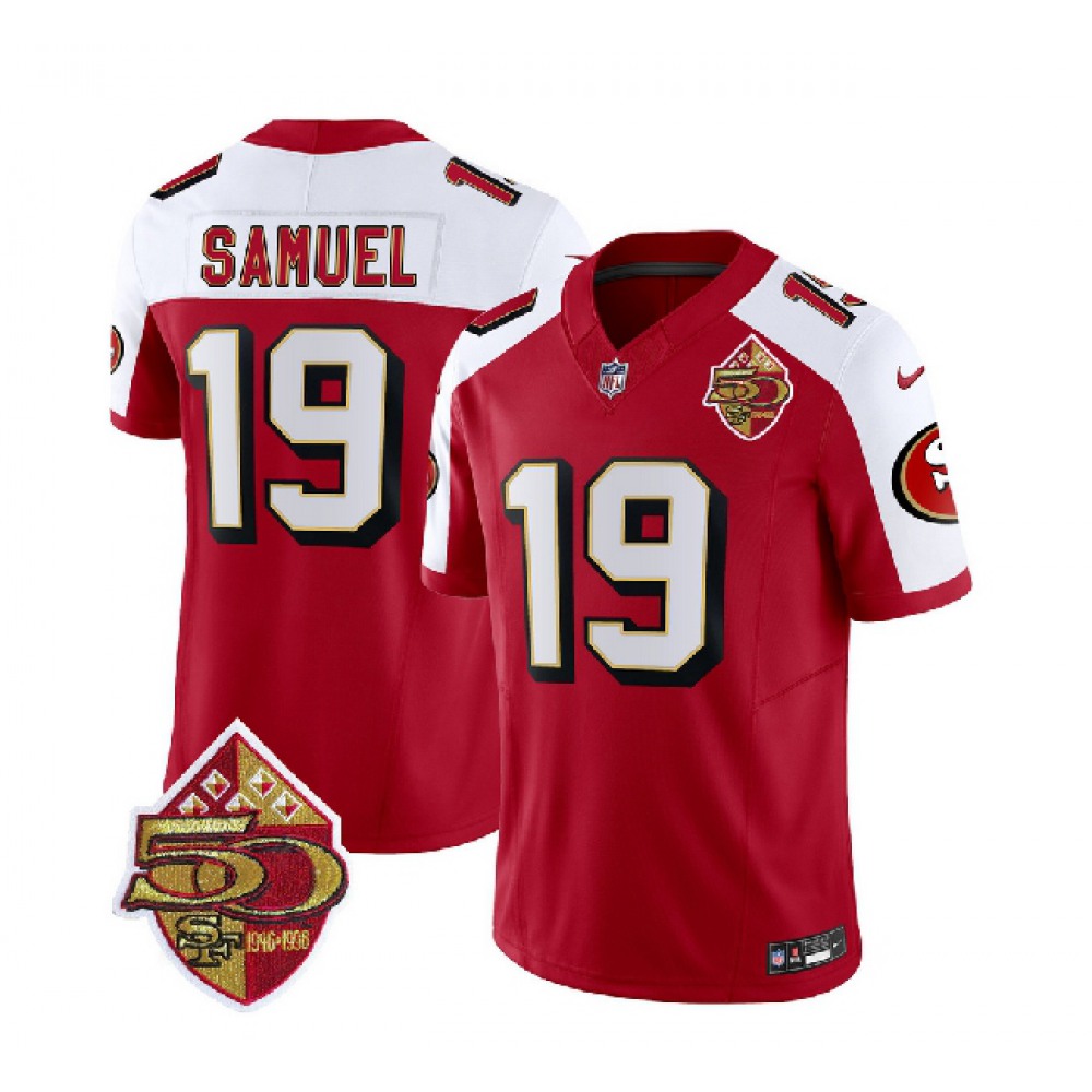 Men's San Francisco 49ers #19 Deebo Samuel Red/White 2023 F.U.S.E. 50th Patch Throwback Stitched Football Jersey Men's San Francisco 49ers #19 Deebo Samuel Red/White 2023 F.U.S.E. 50th Patch Throwback Stitched Football Jersey
