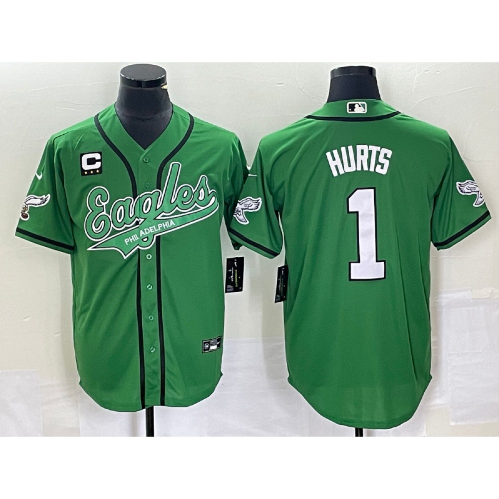 Men's Philadelphia Eagles #1 Jalen Hurts Green With 3-star C Patch Cool Base Stitched Baseball Jersey Men's Philadelphia Eagles #1 Jalen Hurts Green With 3-star C Patch Cool Base Stitched Baseball Jersey