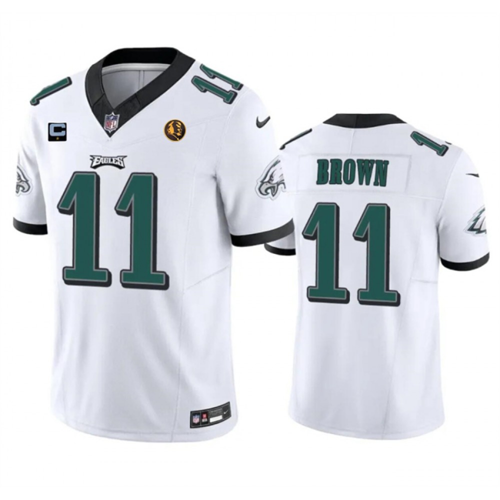 Men's Philadelphia Eagles #11 A. J. Brown White 2023 F.U.S.E. With 1-star C Patch And John Madden Patch Vapor Limited Stitched Football Jersey Men's Philadelphia Eagles #11 A. J. Brown White 2023 F.U.S.E. With 1-star C Patch And John Madden Patch Vapor Limited Stitched Football Jersey