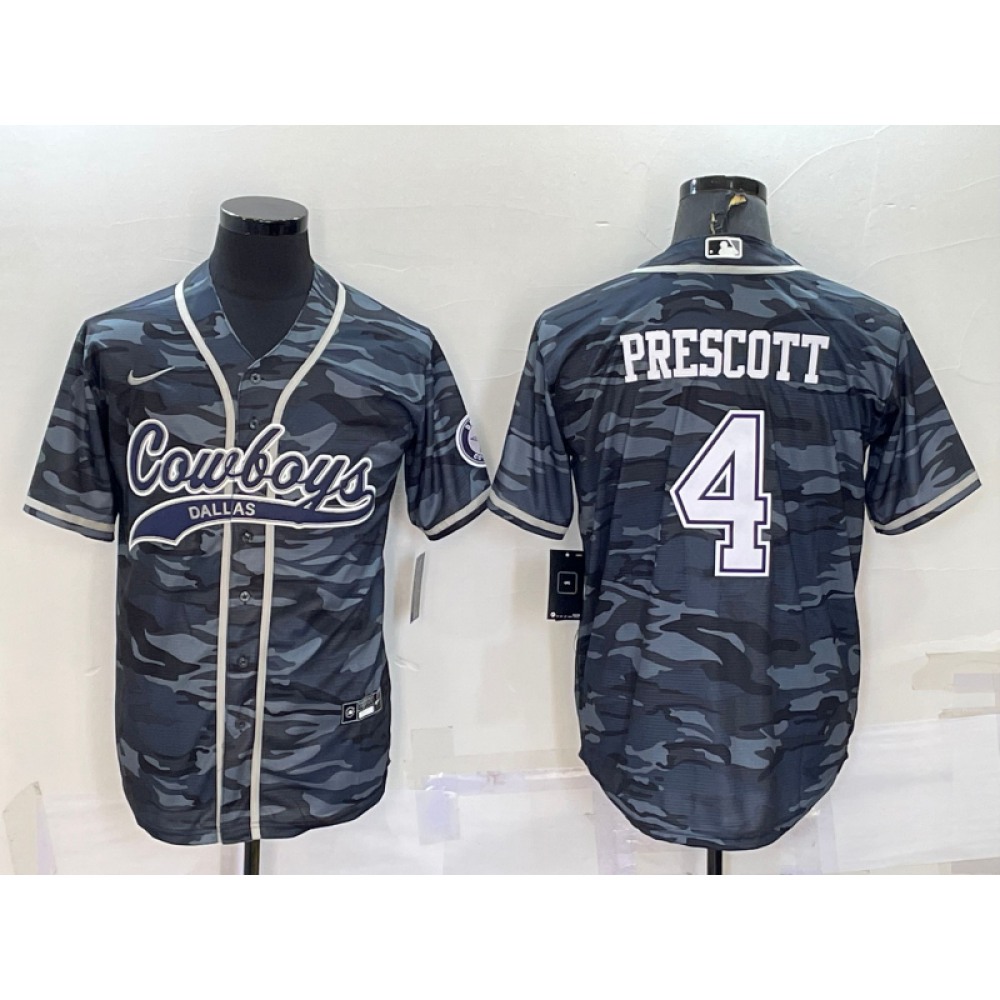 Men's Dallas Cowboys #4 Dak Prescott Grey Camo With Patch Cool Base Stitched Baseball Jersey Men's Dallas Cowboys #4 Dak Prescott Grey Camo With Patch Cool Base Stitched Baseball Jersey