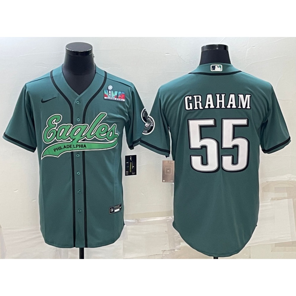 Men's Philadelphia Eagles #55 Brandon Graham Green With Super Bowl LVII Patch Cool Base Stitched Baseball Jersey Men's Philadelphia Eagles #55 Brandon Graham Green With Super Bowl LVII Patch Cool Base Stitched Baseball Jersey