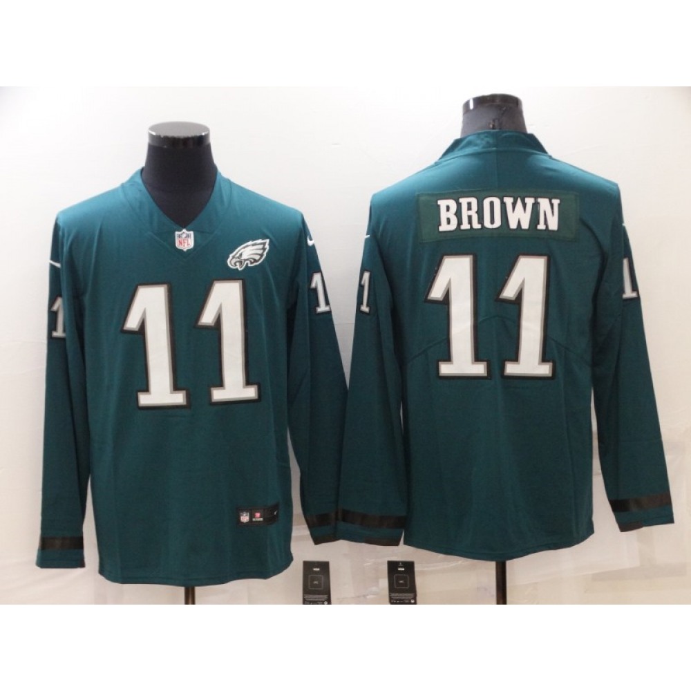 Men's Philadelphia Eagles #11 A. J. Brown Green Therma Long Sleeve Stitched Jersey Men's Philadelphia Eagles #11 A. J. Brown Green Therma Long Sleeve Stitched Jersey