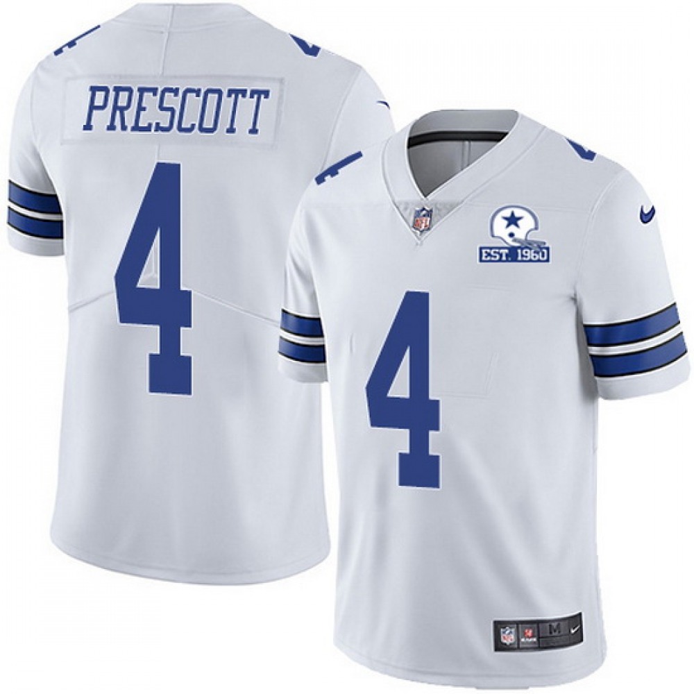 Men's Dallas Cowboys #4 Dak Prescott White With Established In 1960 Patch Limited Stitched Jersey Men's Dallas Cowboys #4 Dak Prescott White With Established In 1960 Patch Limited Stitched Jersey