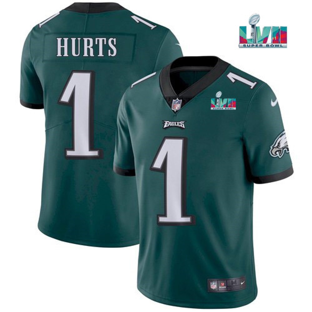 Men's Philadelphia Eagles #1 Jalen Hurts Green Super Bowl LVII Patch Vapor Untouchable Limited Stitched Jersey Men's Philadelphia Eagles #1 Jalen Hurts Green Super Bowl LVII Patch Vapor Untouchable Limited Stitched Jersey