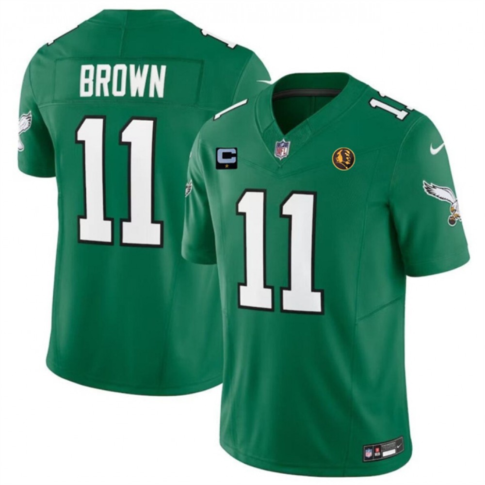 Men's Philadelphia Eagles #11 A. J. Brown Green 2023 F.U.S.E. Throwback With 1-star C Patch And John Madden Patch Vapor Limited Stitched Football Jersey Men's Philadelphia Eagles #11 A. J. Brown Green 2023 F.U.S.E. Throwback With 1-star C Patch And John Madden Patch Vapor Limited Stitched Football Jersey