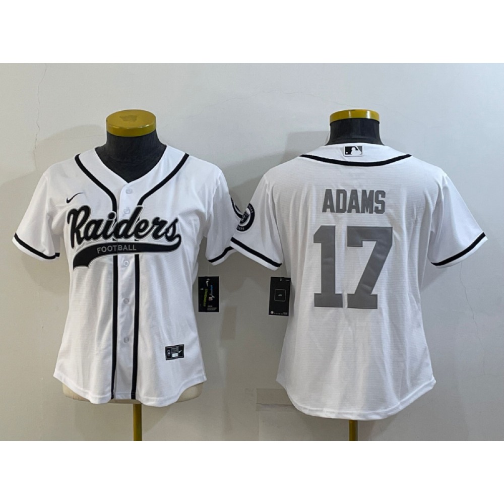 Women's Las Vegas Raiders #17 Davante Adams White Silver With Patch Cool Base Stitched Baseball Jersey(Run Small) Women's Las Vegas Raiders #17 Davante Adams White Silver With Patch Cool Base Stitched Baseball Jersey(Run Small)