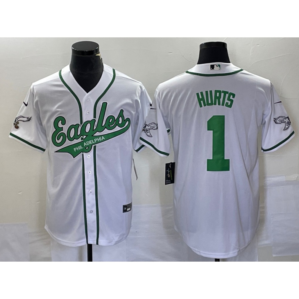 Men's Philadelphia Eagles #1 Jalen Hurts White Cool Base Stitched Baseball Jersey Men's Philadelphia Eagles #1 Jalen Hurts White Cool Base Stitched Baseball Jersey
