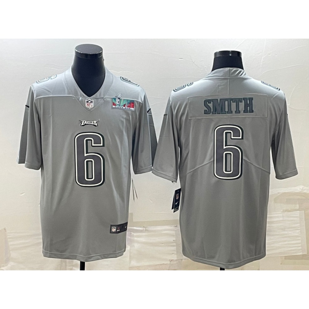 Men's Philadelphia Eagles #6 DeVonta Smith Gray Super Bowl LVII Patch Atmosphere Fashion Stitched Jersey Men's Philadelphia Eagles #6 DeVonta Smith Gray Super Bowl LVII Patch Atmosphere Fashion Stitched Jersey