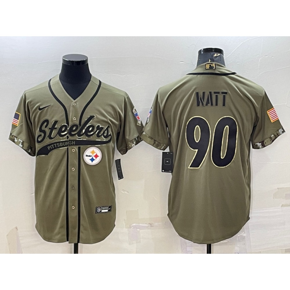 Men's Pittsburgh Steelers #90 T.J. Watt Olive 2022 Salute to Service Cool Base Stitched Baseball Jersey Men's Pittsburgh Steelers #90 T.J. Watt Olive 2022 Salute to Service Cool Base Stitched Baseball Jersey
