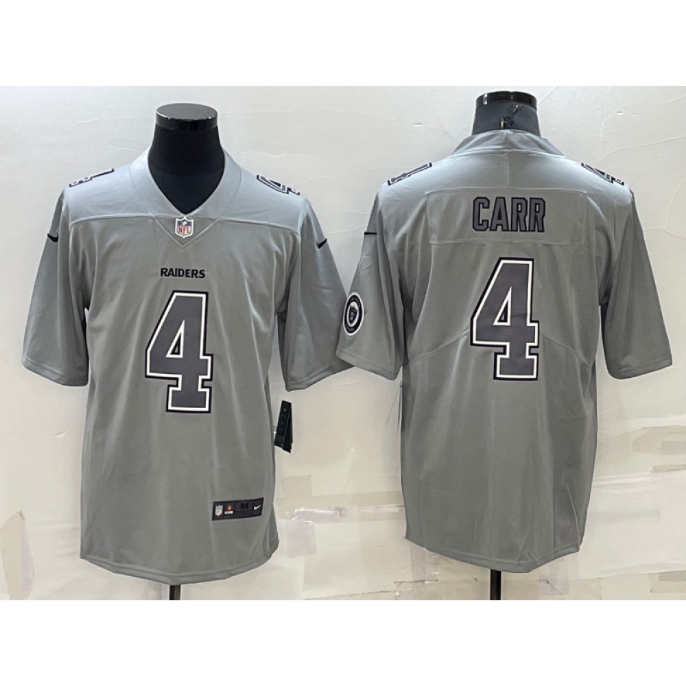 Men's Las Vegas Raiders #4 Derek Carr Grey With Patch Atmosphere Fashion Stitched Jersey Men's Las Vegas Raiders #4 Derek Carr Grey With Patch Atmosphere Fashion Stitched Jersey