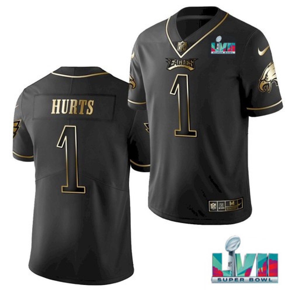 Youth Philadelphia Eagles #1 Jalen Hurts Black Golden Super Bowl LVII Patch Edition Stitched Football Jersey Youth Philadelphia Eagles #1 Jalen Hurts Black Golden Super Bowl LVII Patch Edition Stitched Football Jersey