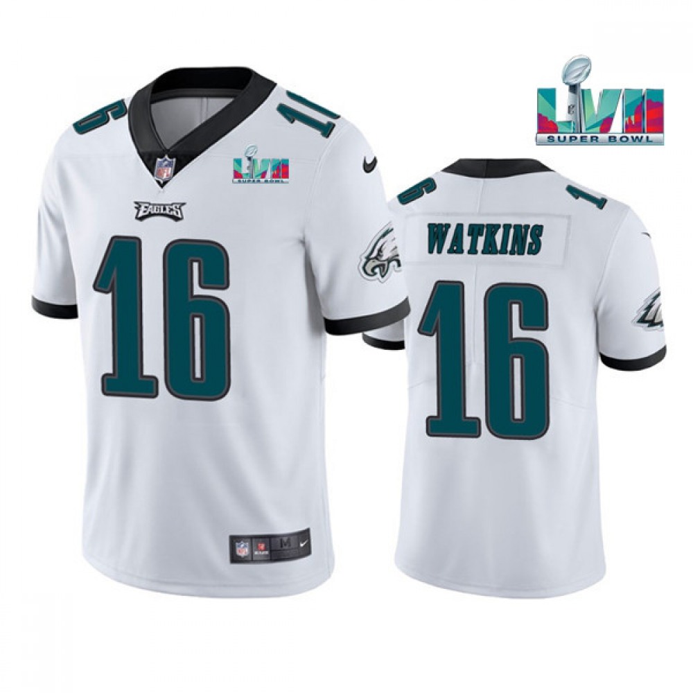 Men's Philadelphia Eagles #16 Quez Watkins White Super Bowl LVII Vapor Untouchable Limited Stitched Jersey Men's Philadelphia Eagles #16 Quez Watkins White Super Bowl LVII Vapor Untouchable Limited Stitched Jersey
