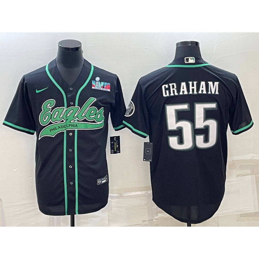 Men's Philadelphia Eagles #55 Brandon Graham Black With Super Bowl LVII Patch Cool Base Stitched Baseball Jersey Men's Philadelphia Eagles #55 Brandon Graham Black With Super Bowl LVII Patch Cool Base Stitched Baseball Jersey