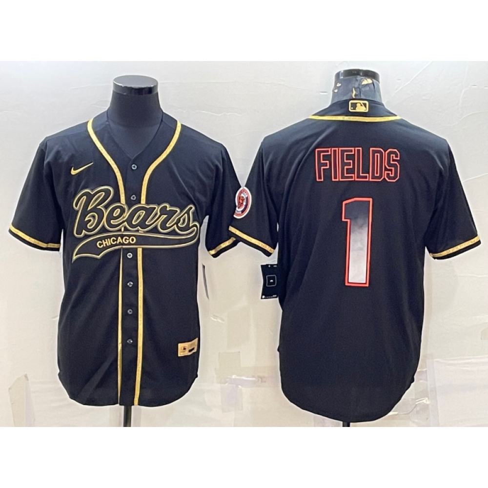 Men's Chicago Bears #1 Justin Fields Black Gold With Patch Cool Base Stitched Baseball Jersey Men's Chicago Bears #1 Justin Fields Black Gold With Patch Cool Base Stitched Baseball Jersey