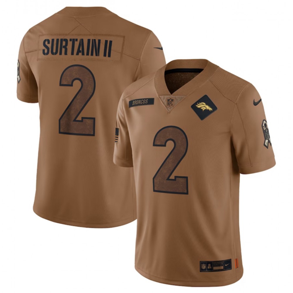 Men's Denver Broncos #2 Patrick Surtain II 2023 Brown Salute To Service Limited Stitched Football Jersey Men's Denver Broncos #2 Patrick Surtain II 2023 Brown Salute To Service Limited Stitched Football Jersey