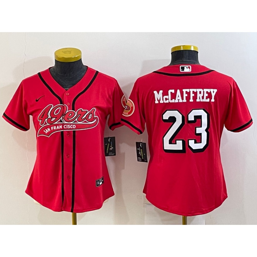 Women's San Francisco 49ers #23 Christian McCaffrey New Red With Patch Cool Base Stitched Baseball Jersey(Run Small) Women's San Francisco 49ers #23 Christian McCaffrey New Red With Patch Cool Base Stitched Baseball Jersey(Run Small)