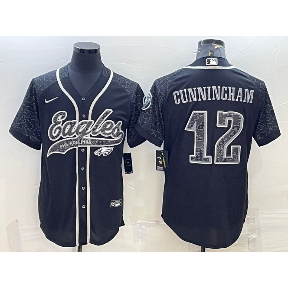 Men's Philadelphia Eagles #12 Randall Cunningham Black Reflective With Patch Cool Base Stitched Baseball Jersey Men's Philadelphia Eagles #12 Randall Cunningham Black Reflective With Patch Cool Base Stitched Baseball Jersey