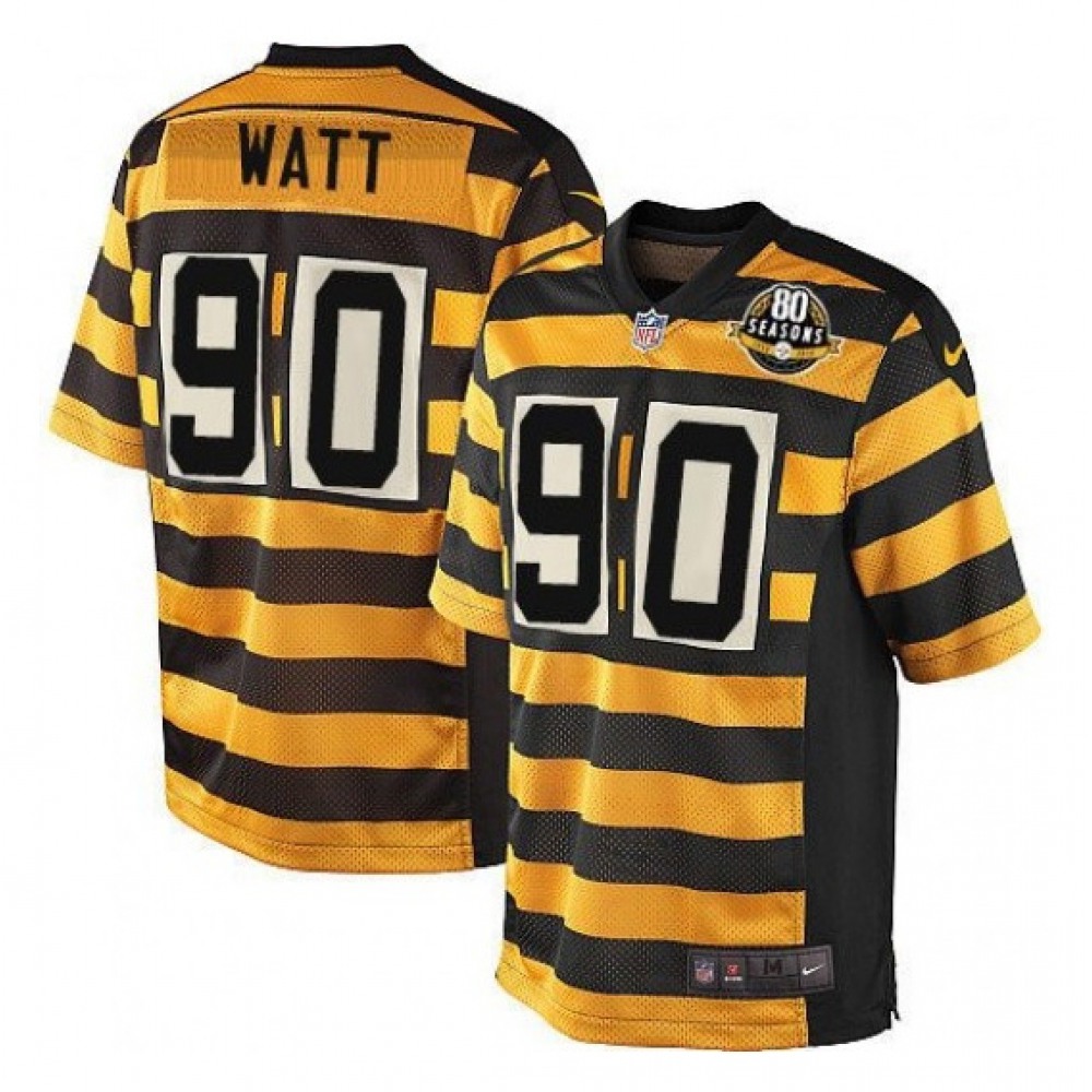 Men's Pittsburgh Steelers #90 T. J. Watt Yellow/Black Alternate 80TH Anniversary Throwback Stitched Jersey Men's Pittsburgh Steelers #90 T. J. Watt Yellow/Black Alternate 80TH Anniversary Throwback Stitched Jersey