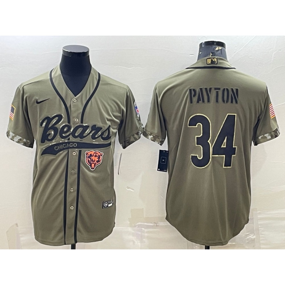 Men's Chicago Bears #34 Walter Payton Olive 2022 Salute To Service Cool Base Stitched Baseball Jersey Men's Chicago Bears #34 Walter Payton Olive 2022 Salute To Service Cool Base Stitched Baseball Jersey
