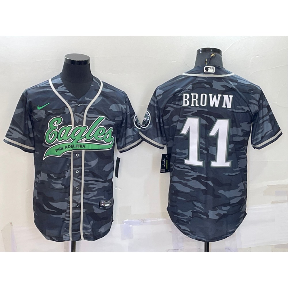 Men's Philadelphia Eagles #11 A. J. Brown Grey Camo With Patch Cool Base Stitched Baseball Jersey Men's Philadelphia Eagles #11 A. J. Brown Grey Camo With Patch Cool Base Stitched Baseball Jersey
