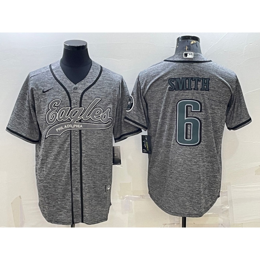 Men's Philadelphia Eagles #6 DeVonta Smith Gray With Patch Cool Base Stitched Baseball Jersey Men's Philadelphia Eagles #6 DeVonta Smith Gray With Patch Cool Base Stitched Baseball Jersey