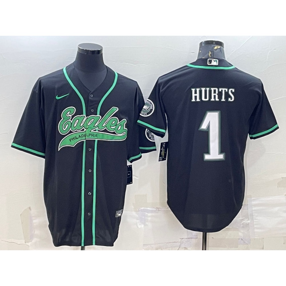 Men's Philadelphia Eagles #1 Jalen Hurts Black With Patch Cool Base Stitched Baseball Jersey Men's Philadelphia Eagles #1 Jalen Hurts Black With Patch Cool Base Stitched Baseball Jersey