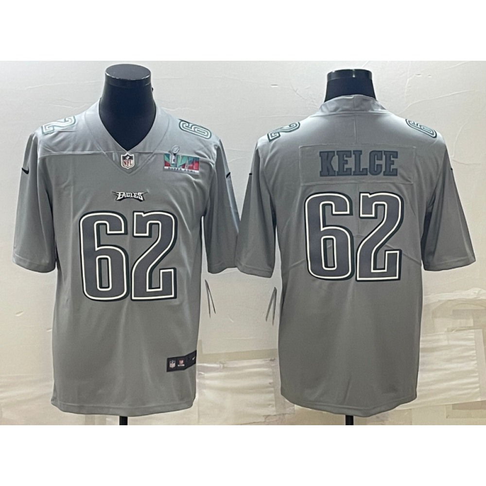 Men's Philadelphia Eagles #62 Jason Kelce Gray Super Bowl LVII Patch Atmosphere Fashion Stitched Jersey Men's Philadelphia Eagles #62 Jason Kelce Gray Super Bowl LVII Patch Atmosphere Fashion Stitched Jersey