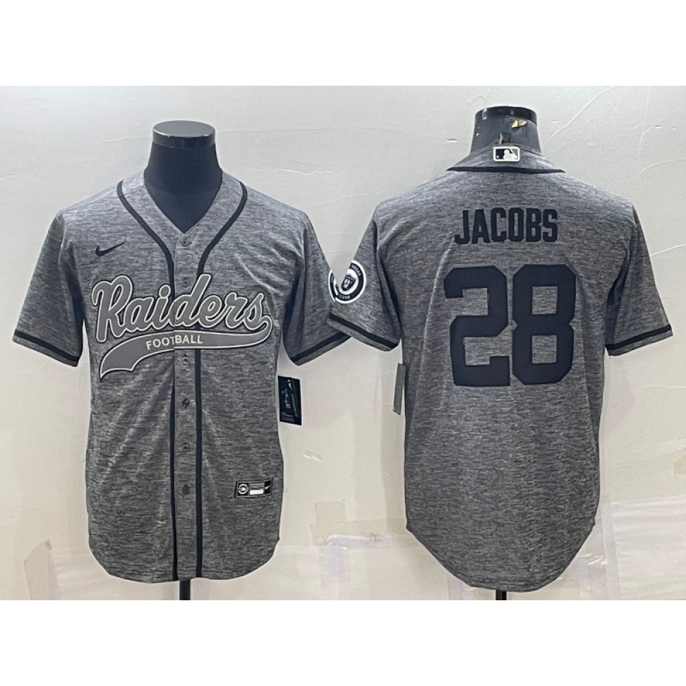 Men's Las Vegas Raiders #28 Josh Jacobs Grey With Patch Cool Base Stitched Baseball Jersey Men's Las Vegas Raiders #28 Josh Jacobs Grey With Patch Cool Base Stitched Baseball Jersey