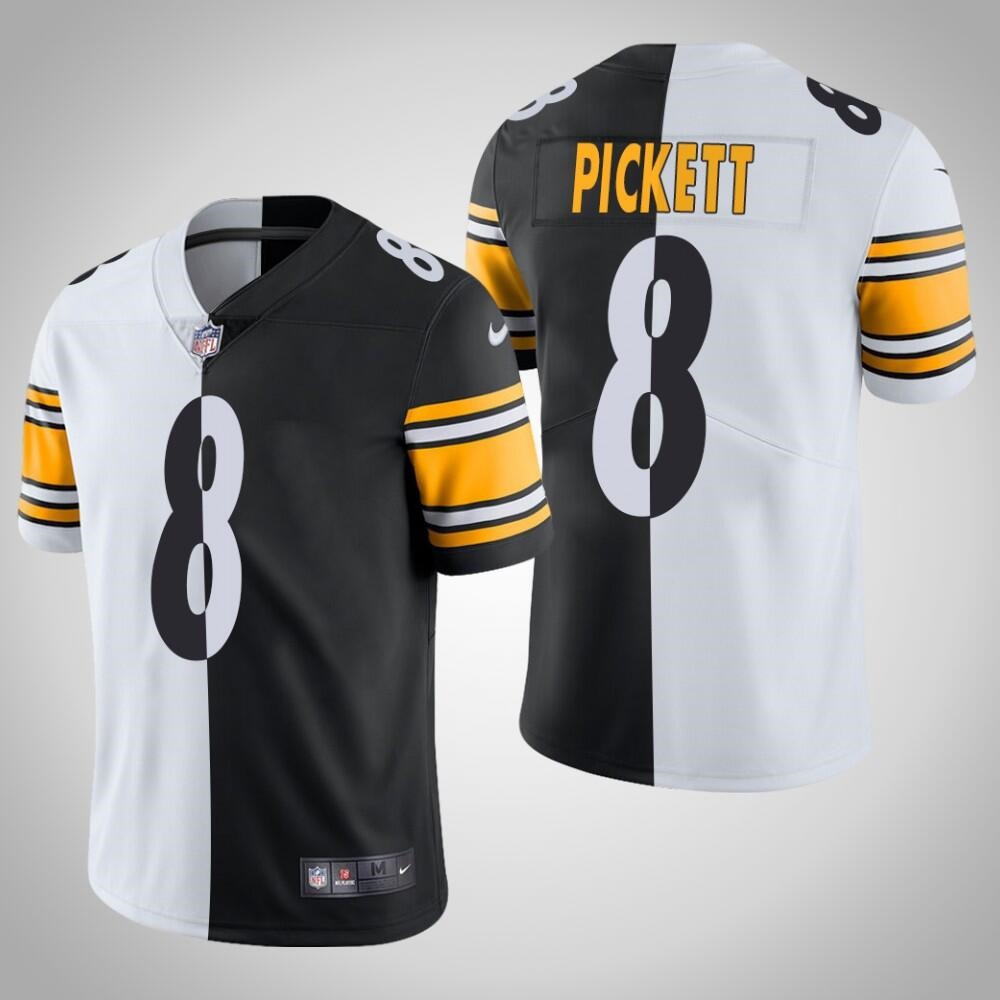 Men's Pittsburgh Steelers #8 Kenny Pickett White/Black Split Limited Stitched Jersey Men's Pittsburgh Steelers #8 Kenny Pickett White/Black Split Limited Stitched Jersey
