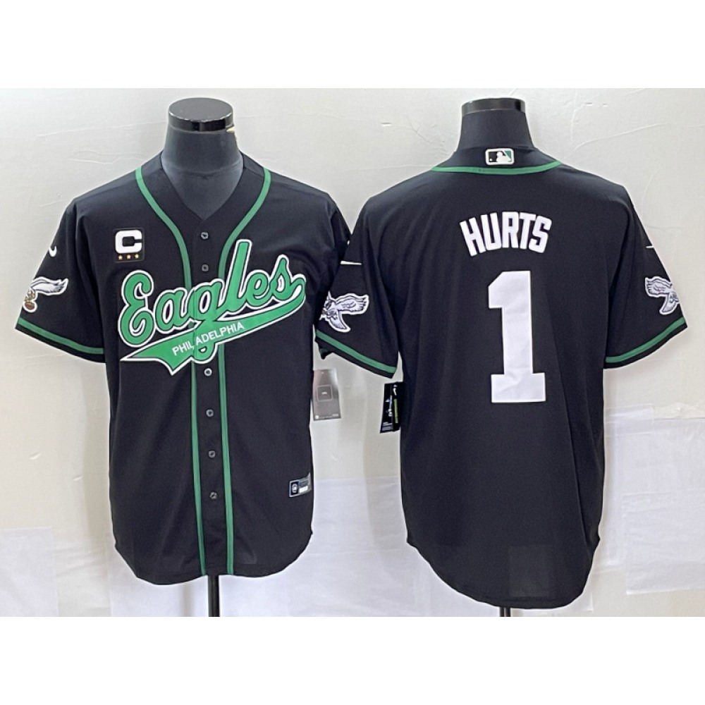 Men's Philadelphia Eagles #1 Jalen Hurts Black With 3-star C Patch Cool Base Stitched Baseball Jersey Men's Philadelphia Eagles #1 Jalen Hurts Black With 3-star C Patch Cool Base Stitched Baseball Jersey