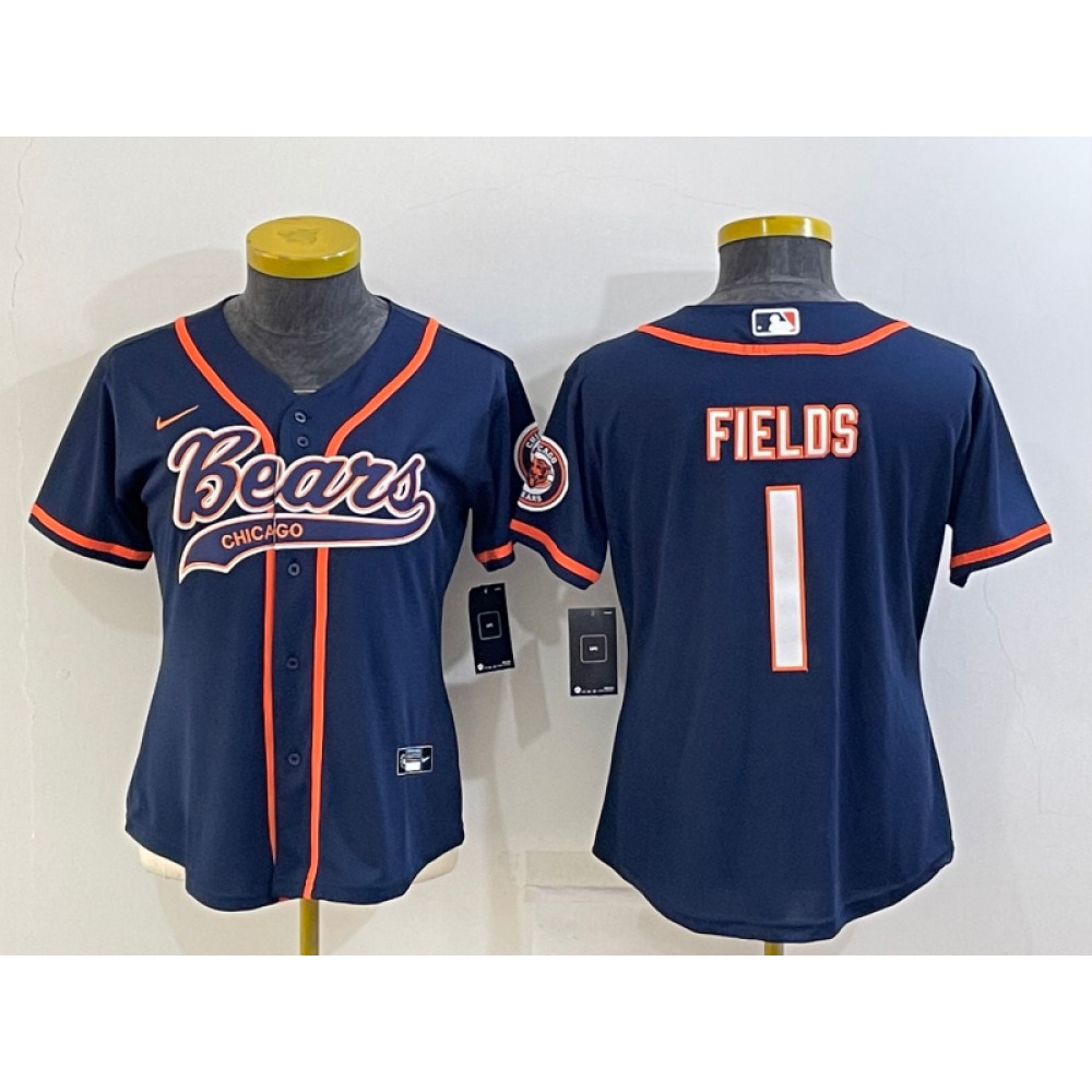 Youth Chicago Bears #1 Justin Fields Navy With Patch Cool Base Stitched Baseball Jersey Youth Chicago Bears #1 Justin Fields Navy With Patch Cool Base Stitched Baseball Jersey
