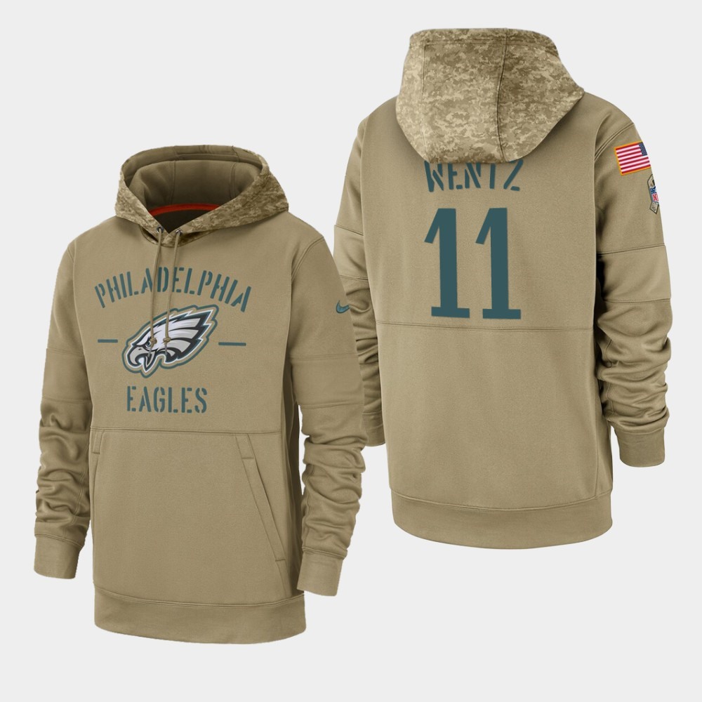 Men's Philadelphia Eagles #11 Carson Wentz Tan 2019 Salute to Service Sideline Therma Pullover Hoodie Men's Philadelphia Eagles #11 Carson Wentz Tan 2019 Salute to Service Sideline Therma Pullover Hoodie