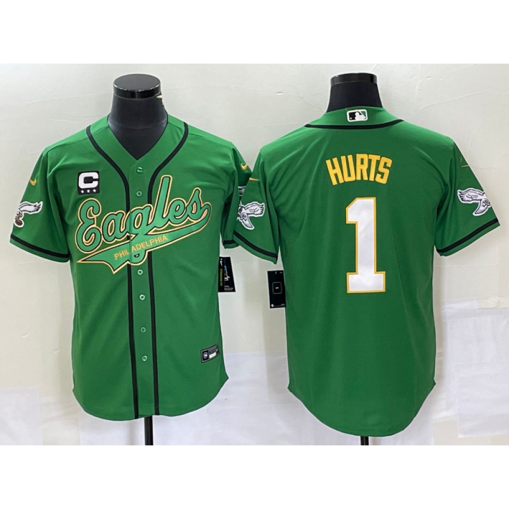 Men's Philadelphia Eagles #1 Jalen Hurts Green Gold With 3-starC Patch Cool Base Stitched Baseball Jersey Men's Philadelphia Eagles #1 Jalen Hurts Green Gold With 3-starC Patch Cool Base Stitched Baseball Jersey