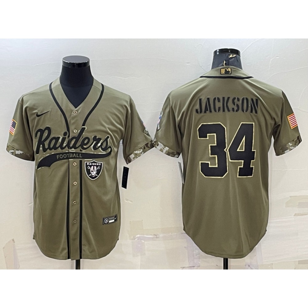 Men's Las Vegas Raiders #34 Bo Jackson 2022 Olive Salute to Service Cool Base Stitched Baseball Jersey Men's Las Vegas Raiders #34 Bo Jackson 2022 Olive Salute to Service Cool Base Stitched Baseball Jersey