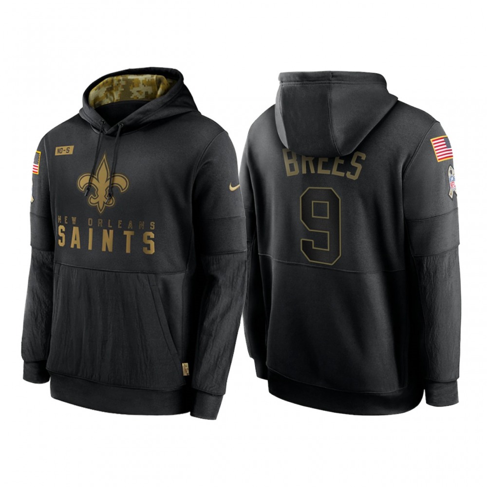 Men's New Orleans Saints #9 Drew Brees 2020 Black Salute to Service Sideline Performance Pullover Hoodie Men's New Orleans Saints #9 Drew Brees 2020 Black Salute to Service Sideline Performance Pullover Hoodie