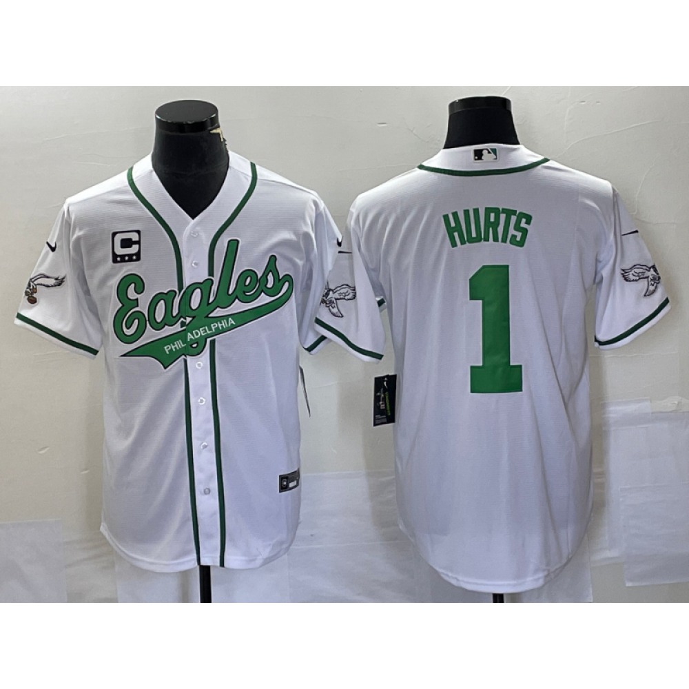 Men's Philadelphia Eagles #1 Jalen Hurts White With 3-star C Patch Cool Base Stitched Baseball Jersey Men's Philadelphia Eagles #1 Jalen Hurts White With 3-star C Patch Cool Base Stitched Baseball Jersey
