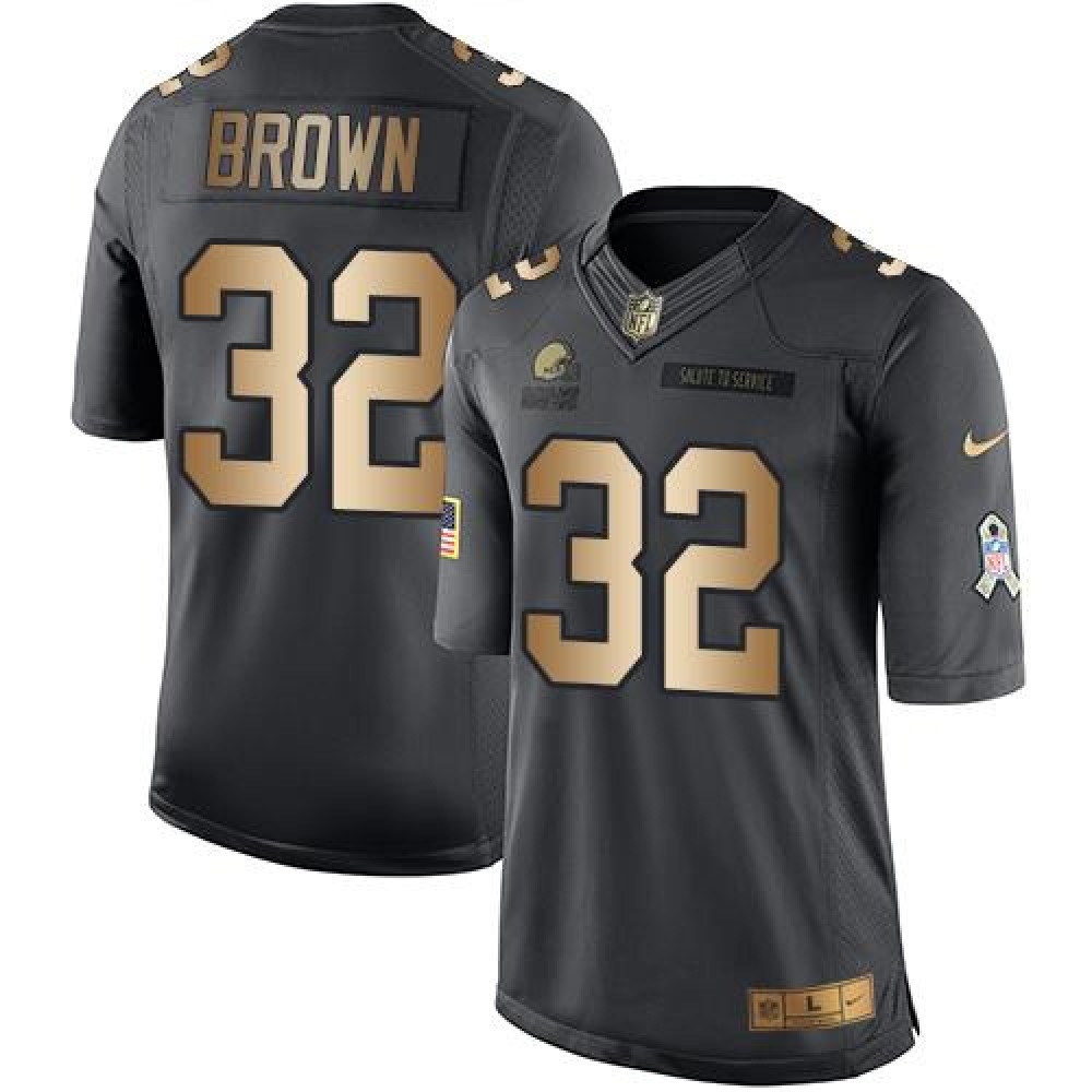 Nike Browns #32 Jim Brown Black Men's Stitched NFL Limited Gold Salute To Service Jersey Nike Browns #32 Jim Brown Black Men's Stitched NFL Limited Gold Salute To Service Jersey